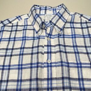 Brooks Brothers 1818 Shirt L Mens L/S Regent Baird McNutt Linen Blue Plaid